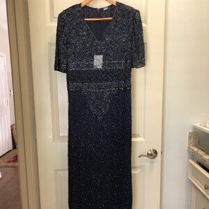 Gorgeous beaded gown - navy blue dress - formal - short sleeved
